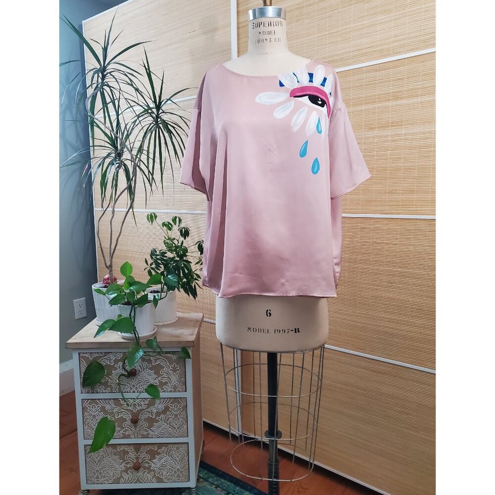 RARE Pre-Loved Nordstrom x Cristina Martinez Painted Eye Petal Satin Tee size M